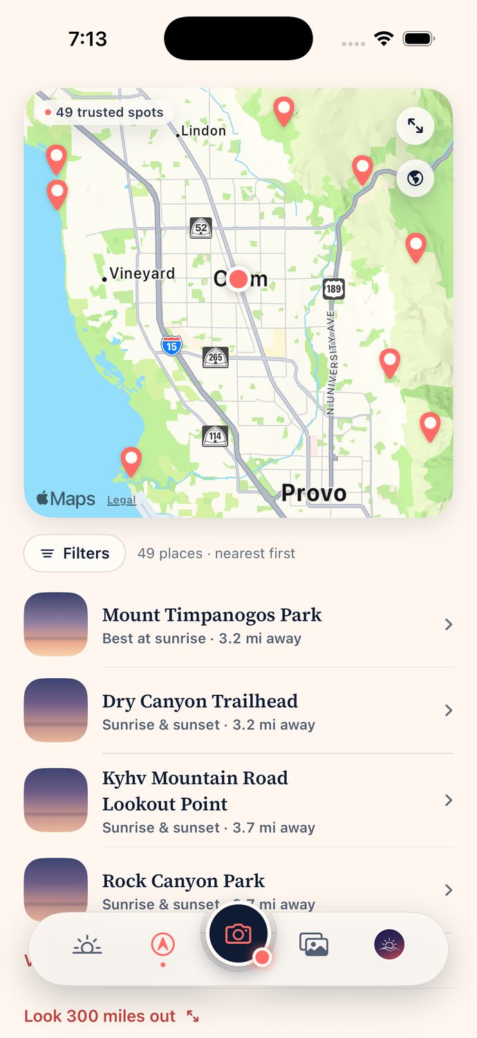 Discover in the app, around Orem, Utah: a map with coral pins for the spots nearby, and a list of places nearest first, each with its distance.