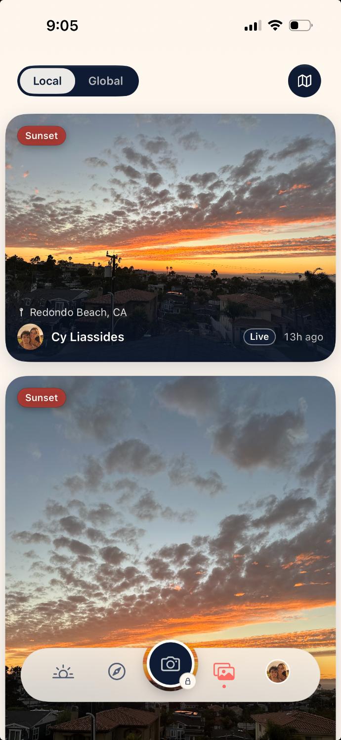Skysta&rsquo;s Local feed on a warm cream page: a Local and Global switch, then two photographs of the same evening. The first is marked Sunset, pinned to Redondo Beach, CA, posted by Cy Liassides thirteen hours ago with a Live mark; orange cloud runs in bands over rooftops and palms down to the sea.