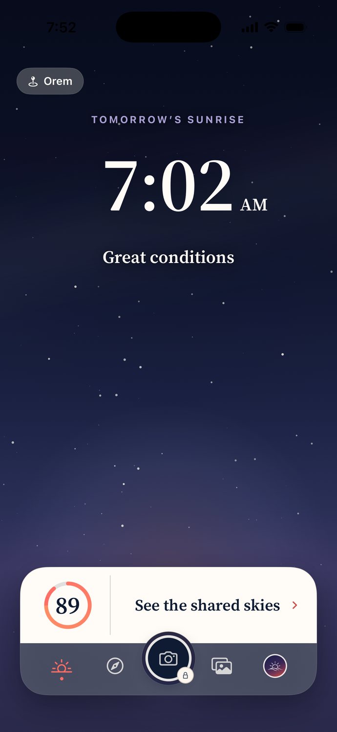 Skysta&rsquo;s home screen in Orem on a clear night, the sky deep blue and full of stars: tomorrow&rsquo;s sunrise at 7:02 AM, a Sky Score of 89 reading Great conditions, and a See the shared skies button in the console above the tab bar.