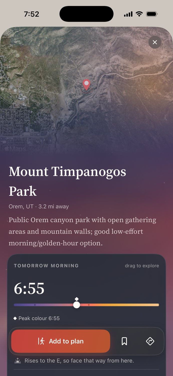 The Mount Timpanogos Park spot page: a satellite map with the pin, the line Orem, UT, 3.2 mi away, the note a curator wrote, tomorrow morning&rsquo;s light worked out for that exact place with its peak colour at 6:55 on a rail you drag to explore, and one glass tray at the foot holding Add to plan, save and directions over the line Rises to the E, so face that way from here.