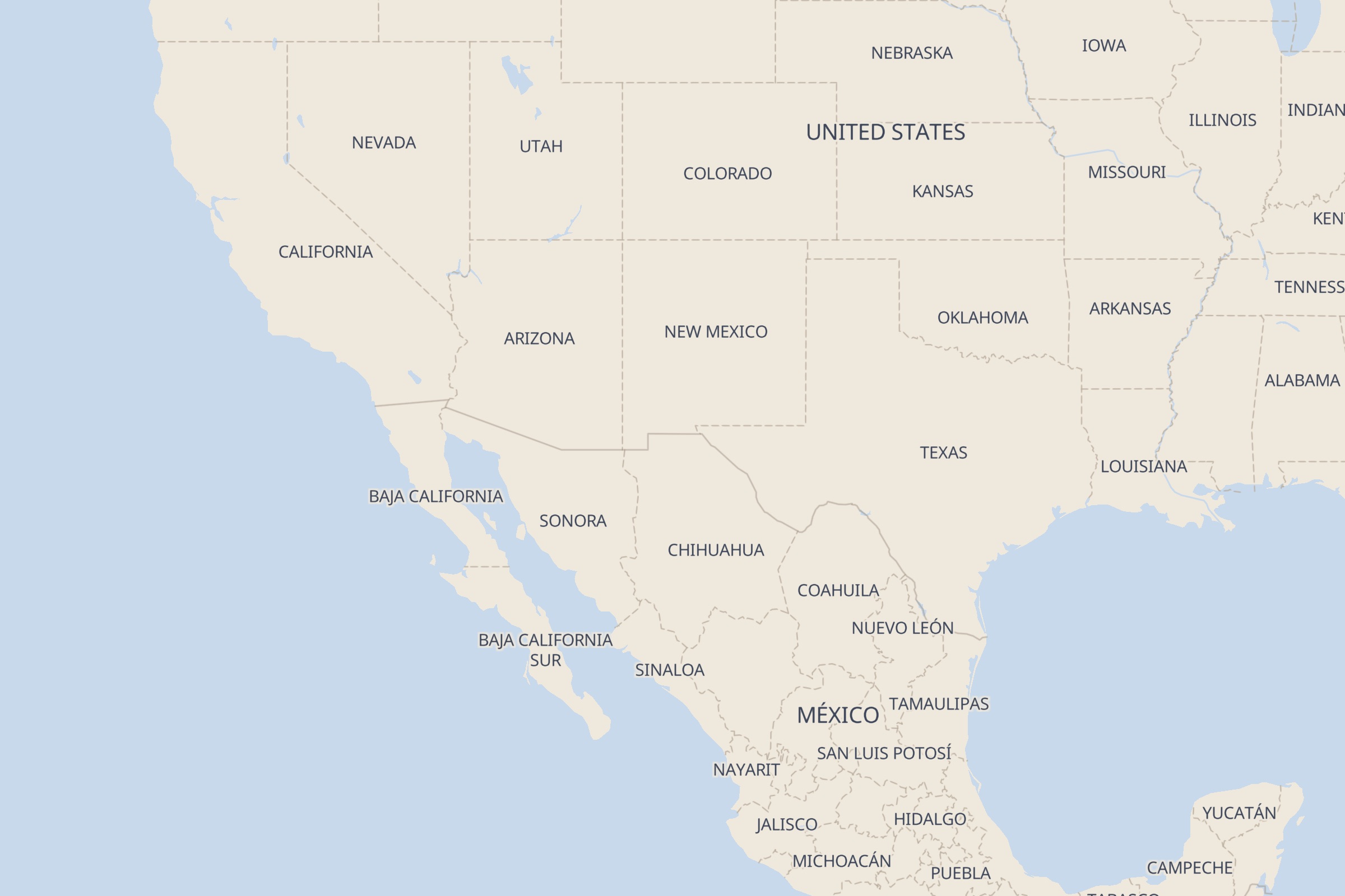 A map of the United States from California to Arkansas, with every spot on it marked.